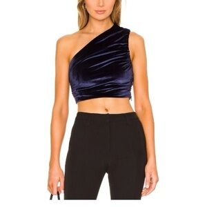 House of Harlow 1960 Navy Velvet One-Shoulder Crop Top